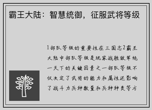 霸王大陆：智慧统御，征服武将等级